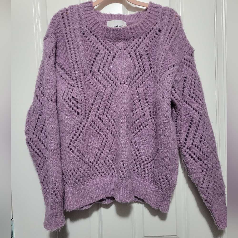 Heartloom Purple Crew Neck Sweater with Diamond Lace Pattern